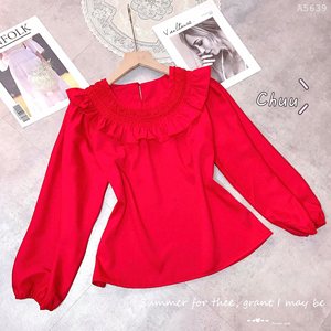 Blusa de manga larga para mujer al por mayor, con cuello fruncido y volantes, ajuste holgado, elegante, para oficina, casual, camisa, top, blusa, camiseta de moda casual - Product Image 6