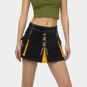 Women's Black And Yellow Lace-Up <b>Mini</b> Skirt With Pockets Polyester Material Slim Fit Adult European Clothing - Product Image 1