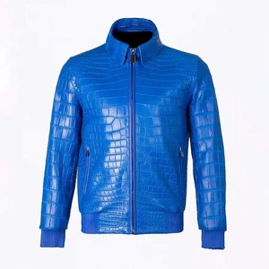 Veste en cuir bleu à motif crocodile pour homme, col montant, fermeture éclair, longueur normale, logo personnalisé, vêtement d'extérieur pour l'hiver - Product Image 1