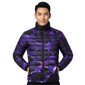 Blouson matelassé pour homme, imprimé abstrait violet, fermeture éclair, coupe-vent, décontracté, vêtement d'extérieur d'hiver, 100 % polyester, col montant, coupe ajustée - Product Image 3