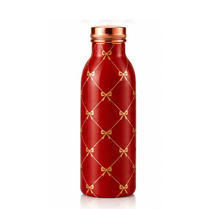 Bouteille d'eau en métal à carreaux rouges et verts avec couvercle en cuivre et nœud rouge, gourde de voyage portable - Product Image 2