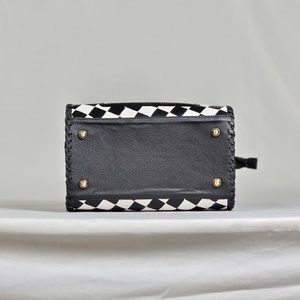 Luxury <b>Leather</b> Duffel Bag Checkerboard Pattern Cowhide Heart Panel Zipper Closure Travel Handbag - Product Image 4