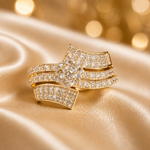 Luxury <b>Gold</b> <b>Cocktail</b> <b>Ring</b> With Round Brilliant Cut Diamond Pave Setting Floral Cluster Design For Women Wedding Jewelry - Product Image 1