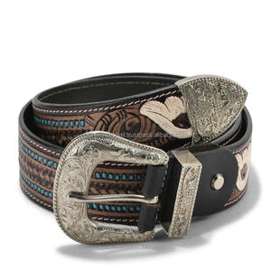 Cinturón de cuero occidental para hombre, con diseño floral grabado a mano, hebilla de latón antiguo de diseño, disponible en todas las tallas. - Product Image 2