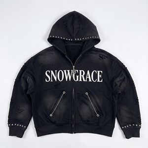 เสื้อฮู้ดซิป Snowgrace สีดำ พิมพ์ลายตัวอักษรประดับเพชร สไตล์สตรีทแวร์ เสื้อกันหนาวผู้ชาย ทรงปกติ - Product Image 1