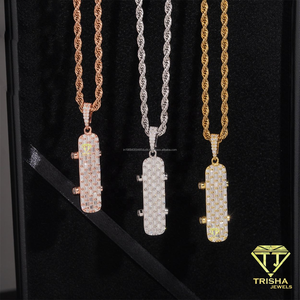 Hip Hop Skateboard Moissanite Diamond Pendant Necklace Made with 925 Sterling Silver Iced Out Baguette Stones and <b>Rope</b> <b>Chain</b> - Product Image 3