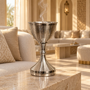 Brûleur à Bakhoor Regal Silver en acier inoxydable côtelé, porte-encens |   Mabkhara Oud Arabe de Luxe, Décoration Islamique pour la Maison, Support sur Pied - Product Image 4
