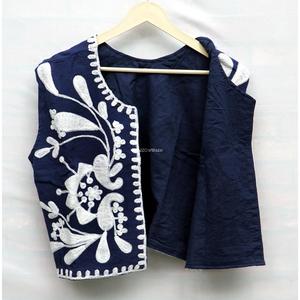 Green 100% Cotton Sleeveless Vest <b>Women</b> Crew Neck Floral <b>Embroidered</b> Breathable Eco-Friendly Quick Dry Hand Drawn <b>Jacket</b> Short - Product Image 3