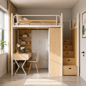 <span class=keywords><strong>Lit</strong></span> mezzanine moderne minimaliste en métal avec bureau intégré et étagères <span class=keywords><strong>pour</strong></span> dortoirs <span class=keywords><strong>étudiant</strong></span>s et petits appartements - Product Image 1