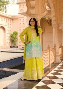 Conjunto de Kurti, Palazzo y Dupatta para Mujer, Bordado en Verde Lima Degradado, Traje de Boda Tradicional Largo hasta el Suelo, Completamente Cosido, Listo para Usar - Product Image 1