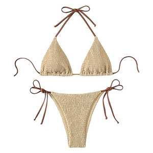 Ensemble bikini femme push-up smocké, haut triangle licou, bas à nouer sur le côté, imprimé animal, perles sur le devant, séchage rapide, sexy - Product Image 1