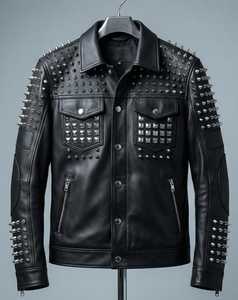 Pink Genuine Leather Moto Jacket Full Sleeve Stand Collar <b>Zipper</b> Closure Rivet Decoration Short Length Autumn Wear - Product Image 3