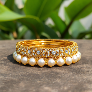 Gold Plated Crystal Stone Pearl <b>Bangles</b> <b>Set</b>-Fashion Jewelry - Product Image 3