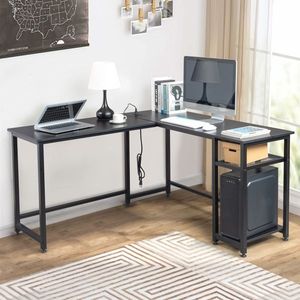 Tiger Black L-Shaped Desktop Computer Desk with Power Outlets and Shelf - Product Image 4