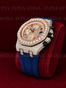 Luxury Moissanite Diamond Hip Hop Watch for Men Full Iced Out Rose Gold Bezel Quartz <b>Chronograph</b> Watch Blue Rubber Strap - Product Image 2