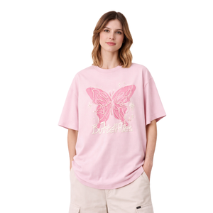 T-shirt décontracté en coton rose à motif papillons pour femme, coupe oversize, style streetwear, au meilleur prix - Product Image 1