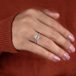 Asscher Cut Lab Grown Diamond Solitaire Engagement Ring with Pave Band 14K Gold <b>Bridal</b> Wedding Ring Wholesale - Product Image 3