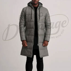 Abrigo Largo Acolchado de Cuero Gris para Hombre con Capucha Desmontable, Chaqueta de Invierno Acolchada Cálida hasta la Rodilla, Parka Cortavientos - Product Image 1