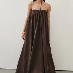Vestido Largo Informal de Verano para Mujer, Color Marrón Satinado, Sin Tirantes, Cintura Imperio, Corte en A - Product Image 1