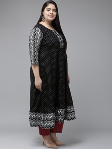 Kurti Anarkali noir en rayonne à imprimé géométrique doré, col rond et manches trois quarts, pour femmes grandes tailles - Product Image 4