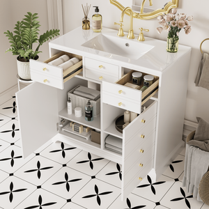 Mobile Bagno da 36 Pollici con Lavabo in Ceramica, Struttura in Legno Massello, Armadietto Contenitore a 2 Cassetti, Set Mobiletto da Bagno Autoportante - Product Image 1