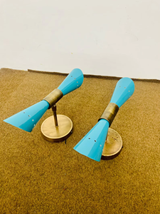 1950s Mid Century Italian Diabolo Metal Wall <b>Sconce</b> Pair Painted Die-Cut Printed 2 Bulb Folk Art Fixture Lamp Antique <b>Light</b> Blue - Product Image 4