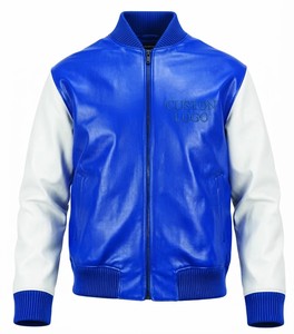 Custom <b>Men</b> PU Varsity <b>Jacket</b> Blue <b>White</b> Sleeve Zipper Front Embossed Logo Casual Autumn Outerwear - Product Image 1