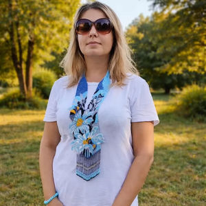 Magnifique collier Gerdan ukrainien fait main perlé, motif floral bleu avec abeille, bijou statement, perles bohèmes, collier fleuri, pour ANNIVERSAIRE - Product Image 4