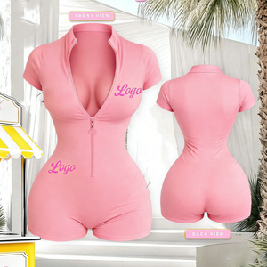 Summer Women's Short Sleeve Romper <b>Jumpsuit</b> Individual Logo Training Sports Zippered Skinny Fit 2 Piece Shorts Set Quick Pattern - Product Image 6