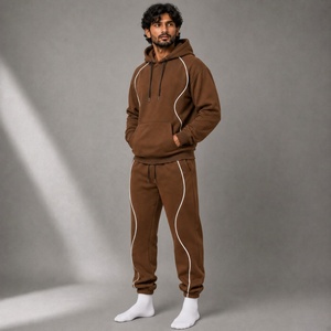 Men's <b>Brown</b> Hooded Tracksuit Set with White Contrast Piping Pullover Hoodie and <b>Jogger</b> Pants for Casual Streetwear - Product Image 3