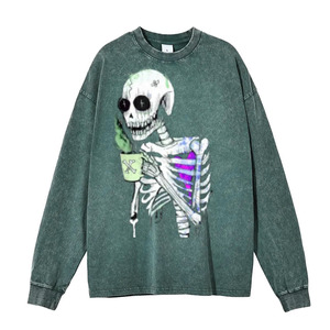 Unisex Purple Crew Neck Long Sleeve Sweatshirt Printed <b>Skeleton</b> Holding Cup Front Loose Fit All Seasons 100% Cotton - Product Image 3