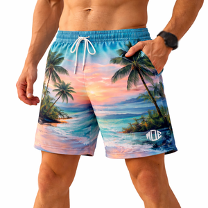 Shorts de Playa para Hombre con Estampado de Palmeras Tropicales, Secado Rápido, Poliéster, Cintura Elástica, Fabricación de Marca Privada - Product Image 1