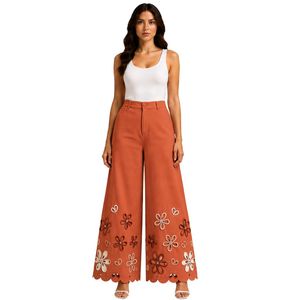 Pantalon palazzo large en terre cuite brodé pour femme, motif floral ajouré, taille haute, décontracté, en coton, vêtements personnalisés OEM - Product Image 1
