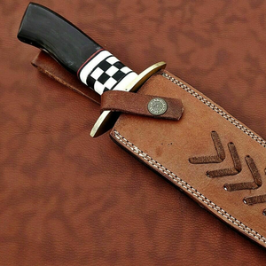 Handmade D2 Steel <b>Etched</b> Bowie Knife with Black Buffalo Horn Handle Decorative Engraved Fixed Blade and Brown Leather Sheath - Product Image 4