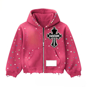 <b>White</b> Zip Up Hoodie Rhinestone CUSTOM Letter Print Oversized Crop Streetwear Unisex Hooded <b>Sweatshirt</b> - Product Image 2