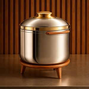 Olla de Acero Inoxidable de Lujo para Mantener la Comida Caliente, con Tapa Redonda Tipo Domo, Base de Madera y Asas - Product Image 2