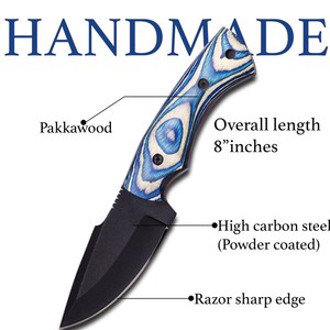 มีดทำมือเหล็ก 3cr13 ใบมีดแบบ Fixed Blade ด้ามไม้ Pakka แบบ Full Tang เคลือบสีฝุ่น สำหรับ Bushcraft พร้อมปลอกหนัง รับผลิตตามแบบ OEM - Product Image 2