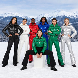 Custom <b>Women</b> <b>One</b> <b>Piece</b> <b>Ski</b> <b>Suit</b> Glossy Cropped Puffer Top Softshell Flared Pants Waterproof Winter Snowboard Snow Jumpsuit - Product Image 1