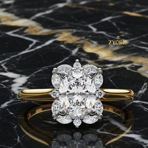 Anillo de Compromiso con Halo de Corte Ovalado, Oro de 18K, Diseño Floral, Anillo Nupcial de Lujo para Mujer - Product Image 4