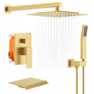 Soffione doccia quadrato da 10 pollici con effetto pioggia e doccetta a mano # # # #   Set Rubinetto per Vasca da Bagno in Finitura Oro Spazzolato - Product Image 1