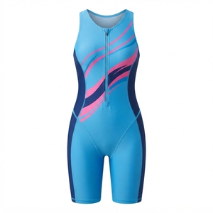 Combinaison de natation sans manches pour femme, bleue, à compression, avec imprimé vagues roses, fermeture éclair sur le devant, extensible et active - Product Image 1