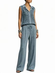 Conjunto de 2 Piezas de Punto para Mujer, Top Polo sin Mangas con Estampado de Leopardo y Pantalones Anchos - Product Image 1