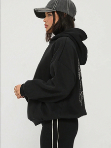 Sweat-shirt à capuche noir en molleton avec lettres en strass, poches, unisexe, décontracté, tricoté, coupe classique, 100 % coton respirant - Product Image 4