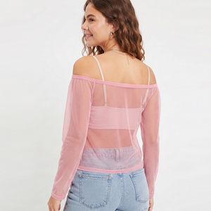 Transparent Mesh Off Shoulder Top For Women Sexy Sheer Off Shoulder Mesh Shirt Tops <b>Ladies</b> 100% Polyester <b>Summer</b> Transparent Top - Product Image 2