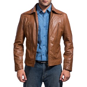 เสื้อแจ็คเก็ตหนังแท้สีน้ำตาลสำหรับผู้ชาย คอตั้ง ปิดด้วยซิป สไตล์ลำลอง ทรงเข้ารูป ใส่ได้ในฤดูหนาว เป็นมิตรกับสิ่งแวดล้อม ระบายอากาศได้ดี ดีไซน์สีตัดต่อ - Product Image 1