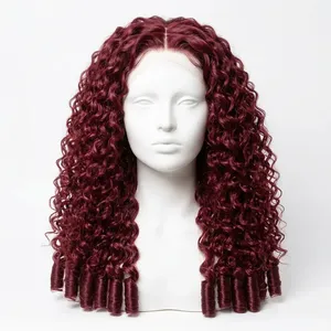 Perruque 100% cheveux humains Remy à trame, bouclée, avec mèches, entièrement en dentelle, longue, rouge foncé, texture ondulée naturelle, personnalisable - Product Image 3