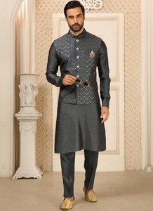 Mens Roman Silk Kurta <b>Pant</b> Ensemble With <b>Sequin</b> Embroidered Waistcoat Jacket For Wedding Festive And Traditional Occasions - Product Image 1