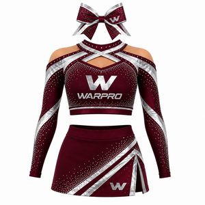 ชุดยูนิฟอร์มเชียร์ลีดเดอร์ WARPRO สีแดงเลือดหมู ประดับคริสตัลสีเงิน พิมพ์ลายแบบ Sublimation เสื้อครอปแขนยาว กระโปรง สำหรับผู้ใหญ่ ผู้หญิง - Product Image 1