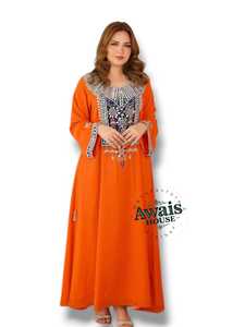 Abaya de poliéster naranja bordada para mujer Awais House, cuello corazón, manga larga, largo hasta el suelo, ajuste holgado, ropa modesta para oración - Product Image 6