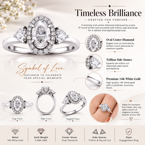Bague de fiançailles en or blanc 14 carats avec diamant ovale cultivé en laboratoire |   Solitaire avec pierres latérales rondes et en taille trillion |   Bijoux de Mariage de Luxe - Product Image 5